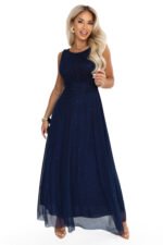 679-3 AVELINE Long maxi dress with glitter tulle and a round neckline - navy blue-10