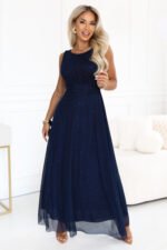 679-3 AVELINE Long maxi dress with glitter tulle and a round neckline - navy blue-4