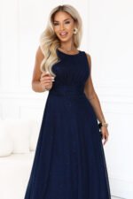 679-3 AVELINE Long maxi dress with glitter tulle and a round neckline - navy blue-5