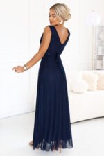 679-3 AVELINE Long maxi dress with glitter tulle and a round neckline - navy blue-3