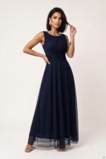 679-3 AVELINE Long maxi dress with glitter tulle and a round neckline - navy blue-7