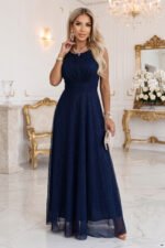 679-3 AVELINE Long maxi dress with glitter tulle and a round neckline - navy blue-1