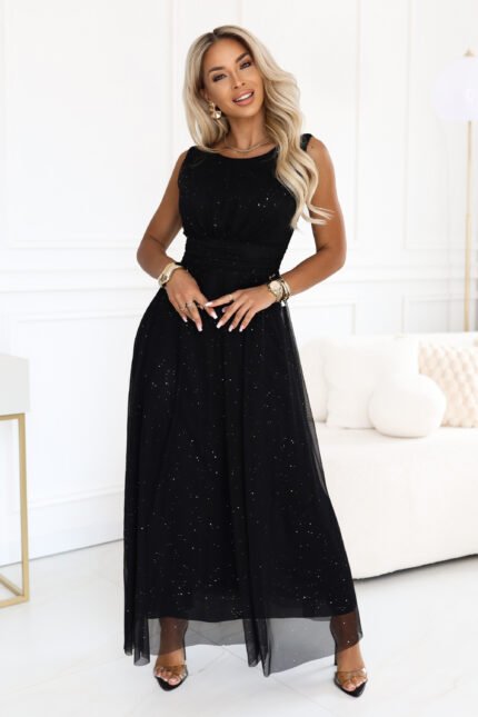 679-4 AVELINE Long maxi dress with glitter tulle and round neckline - black-1