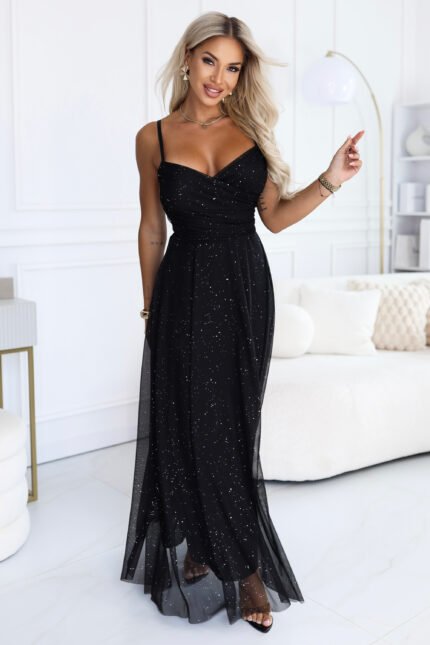 680-1 Glitter maxi dress on straps with a wrap neckline - black-1