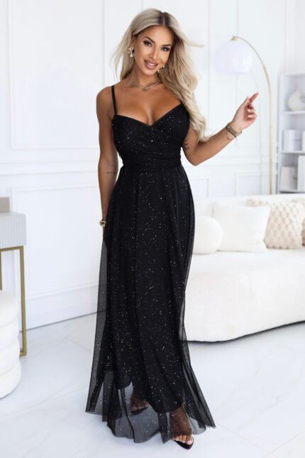680-1 Glitter maxi dress on straps with a wrap neckline - black-1