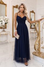 681-2 NILA Tulle maxi dress on straps with a wrap neckline - navy blue-4