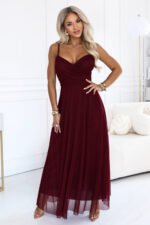 681-3 NILA Tulle maxi dress on straps with a wrap neckline - burgundy-1