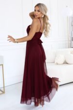 681-3 NILA Tulle maxi dress on straps with a wrap neckline - burgundy-3