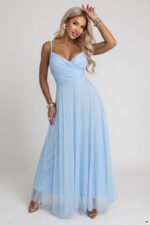 681-4 NILA Tulle maxi dress on straps with a wrap neckline - sky blue-9