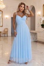 681-4 NILA Tulle maxi dress on straps with a wrap neckline - sky blue-4