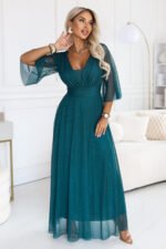 682-1 SOLENNE Long shimmering dress with neckline and sleeve - sea green-3