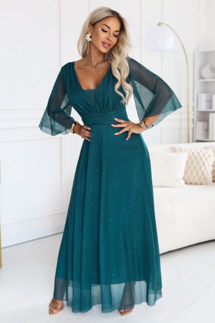 682-1 SOLENNE Long shimmering dress with neckline and sleeve - sea green-1