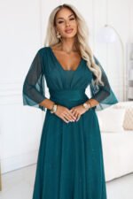682-1 SOLENNE Long shimmering dress with neckline and sleeve - sea green-4