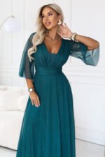 682-1 SOLENNE Long shimmering dress with neckline and sleeve - sea green-8