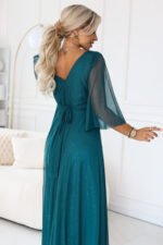 682-1 SOLENNE Long shimmering dress with neckline and sleeve - sea green-6