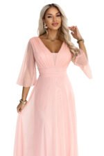 682-2 SOLENNE Long shimmering dress with neckline and sleeve - peach-11