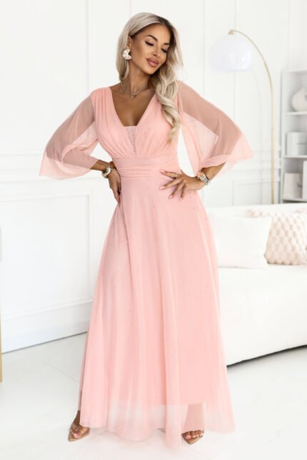 682-2 SOLENNE Long shimmering dress with neckline and sleeve - peach-1