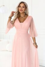 682-2 SOLENNE Long shimmering dress with neckline and sleeve - peach-8
