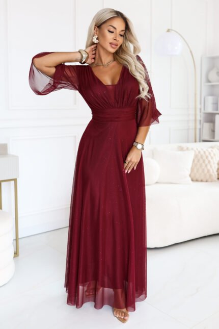 682-3 SOLENNE Long shimmering dress with neckline and sleeve - dark burgundy-1