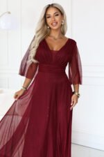 682-3 SOLENNE Long shimmering dress with neckline and sleeve - dark burgundy-8