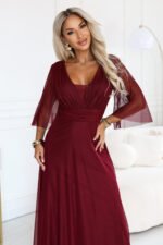 682-3 SOLENNE Long shimmering dress with neckline and sleeve - dark burgundy-3
