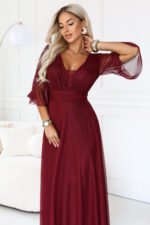 682-3 SOLENNE Long shimmering dress with neckline and sleeve - dark burgundy-6