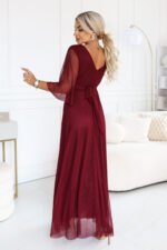 682-3 SOLENNE Long shimmering dress with neckline and sleeve - dark burgundy-2