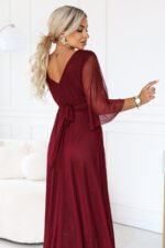 682-3 SOLENNE Long shimmering dress with neckline and sleeve - dark burgundy-7