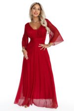 682-4 SOLENNE Long shimmering dress with neckline and sleeve - light burgundy-12
