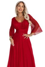 682-4 SOLENNE Long shimmering dress with neckline and sleeve - light burgundy-11