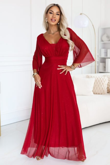 682-4 SOLENNE Long shimmering dress with neckline and sleeve - light burgundy-1
