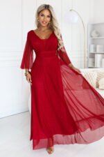 682-4 SOLENNE Long shimmering dress with neckline and sleeve - light burgundy-3