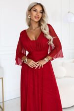 682-4 SOLENNE Long shimmering dress with neckline and sleeve - light burgundy-2