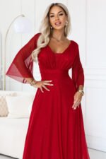 682-4 SOLENNE Long shimmering dress with neckline and sleeve - light burgundy-8