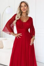 682-4 SOLENNE Long shimmering dress with neckline and sleeve - light burgundy-8