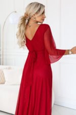 682-4 SOLENNE Long shimmering dress with neckline and sleeve - light burgundy-7