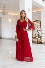 682-4 SOLENNE Long shimmering dress with neckline and sleeve - light burgundy-9
