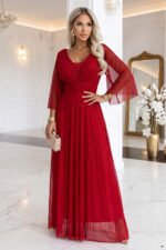 682-4 SOLENNE Long shimmering dress with neckline and sleeve - light burgundy-6