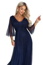 682-5 SOLENNE Long shimmering dress with neckline and sleeve - navy blue-11
