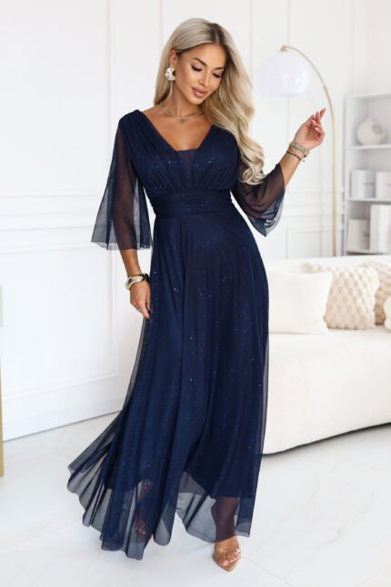 682-5 SOLENNE Long shimmering dress with neckline and sleeve - navy blue-1