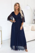 682-5 SOLENNE Long shimmering dress with neckline and sleeve - navy blue-4