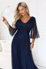 682-5 SOLENNE Long shimmering dress with neckline and sleeve - navy blue-7