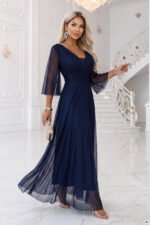 682-5 SOLENNE Long shimmering dress with neckline and sleeve - navy blue-5