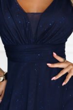 682-5 SOLENNE Long shimmering dress with neckline and sleeve - navy blue-9