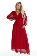 684-1 NERISSA Elegant tulle maxi dress with a wrap neckline - light burgundy-12