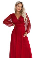 684-1 NERISSA Elegant tulle maxi dress with a wrap neckline - light burgundy-11