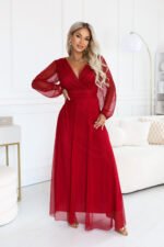 684-1 NERISSA Elegant tulle maxi dress with a wrap neckline - light burgundy-9