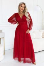 684-1 NERISSA Elegant tulle maxi dress with a wrap neckline - light burgundy-3