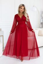 684-1 NERISSA Elegant tulle maxi dress with a wrap neckline - light burgundy-1