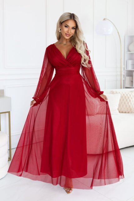 684-1 NERISSA Elegant tulle maxi dress with a wrap neckline - light burgundy-1